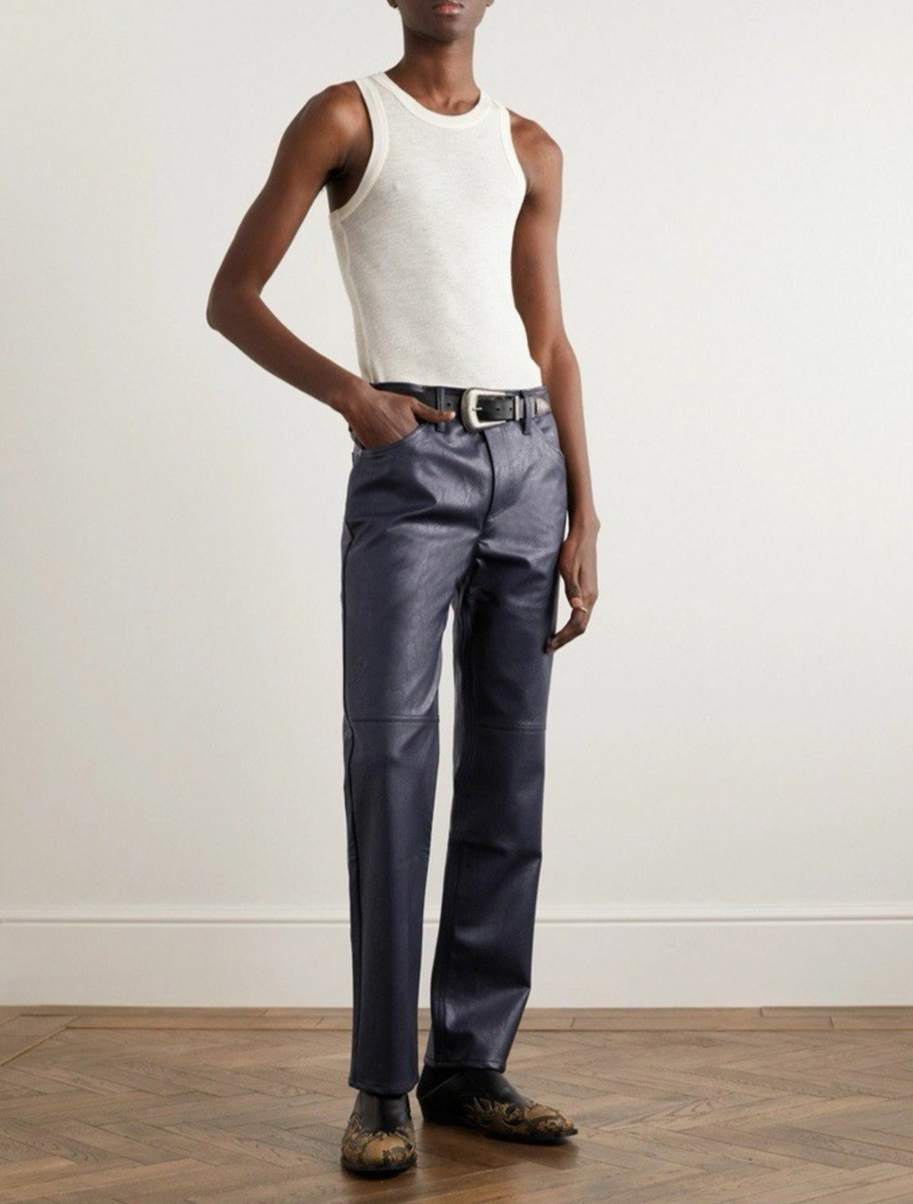 Séfr Sako Faux Leather Trousers Deep Blue Men's 32 34x30.5 Straight Leg NWT